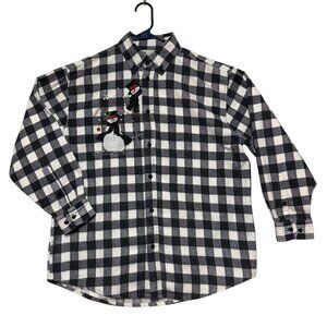 Black & White Plaid Flannel Shirt with Snowman Size M Excellent